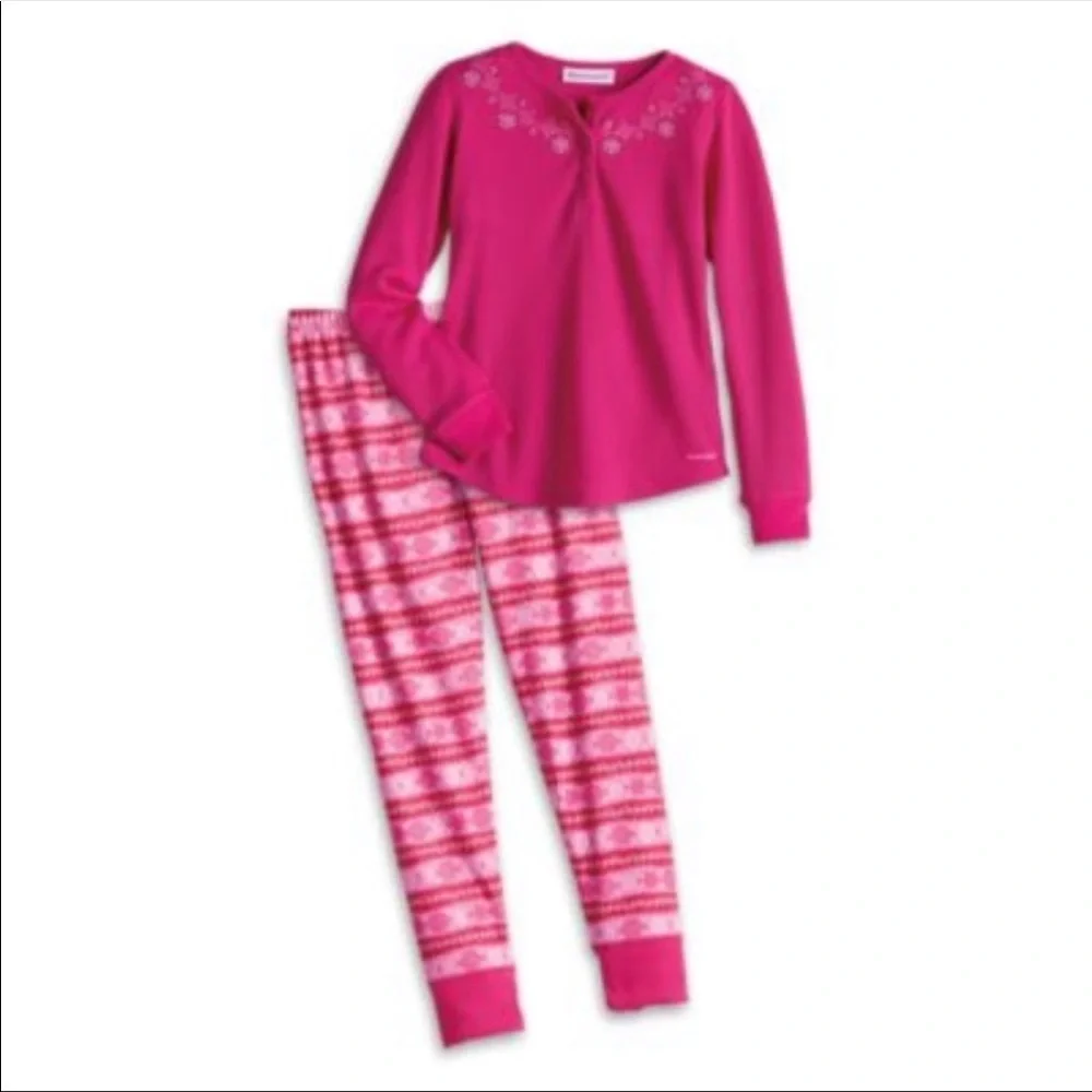 American Girl Pink Thermal Fair Isle Pajamas XS 6x with matching doll pajamas